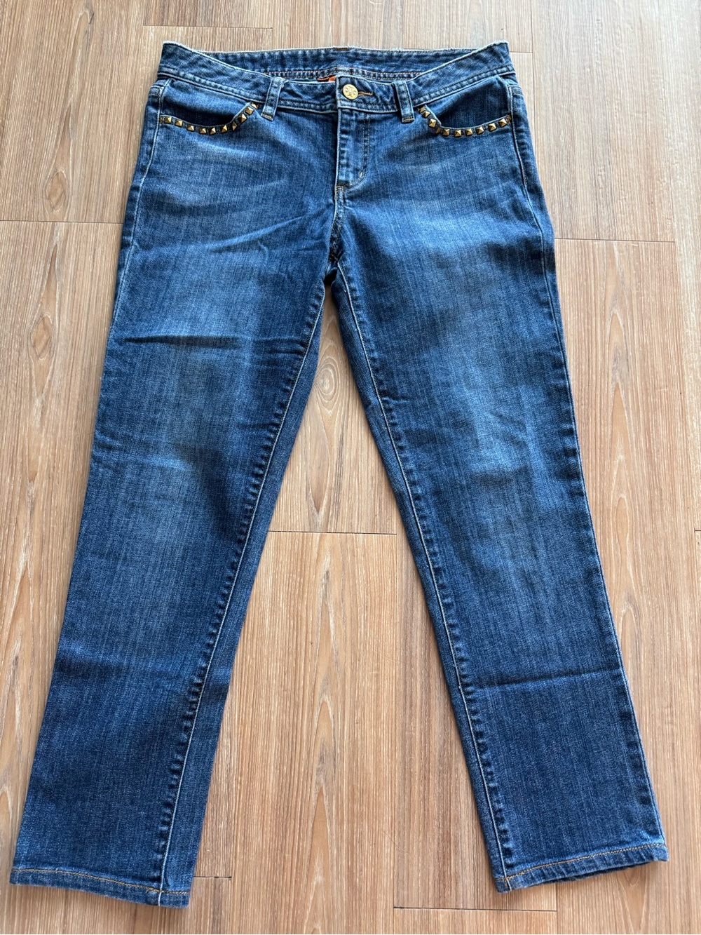 Tory Burch Dark Blue Straight-Leg Jeans with Gold Stud Accents